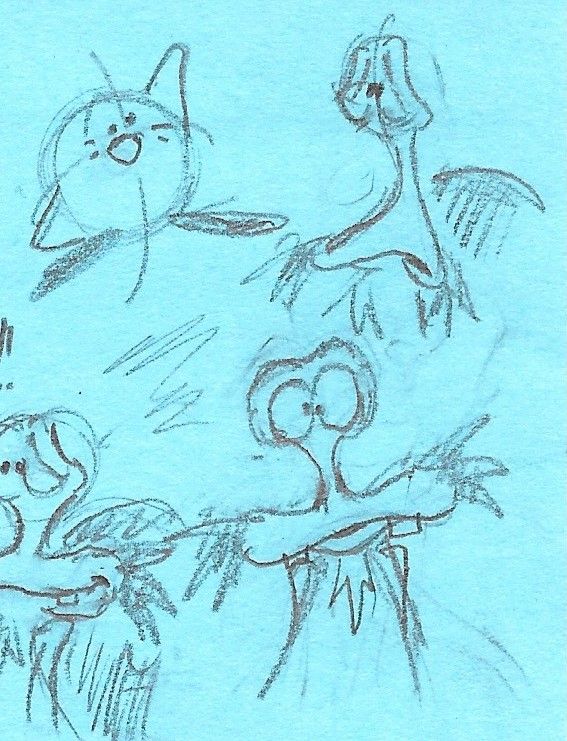Doodles of Kirby and Escargoon on a light blue sticky note.