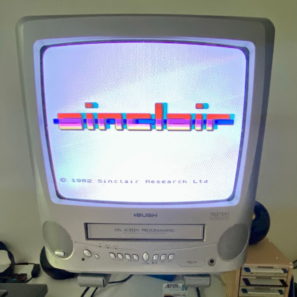 Photo of a CRT telly with Grongy’s lovely stylised SINCLAIR logo.  