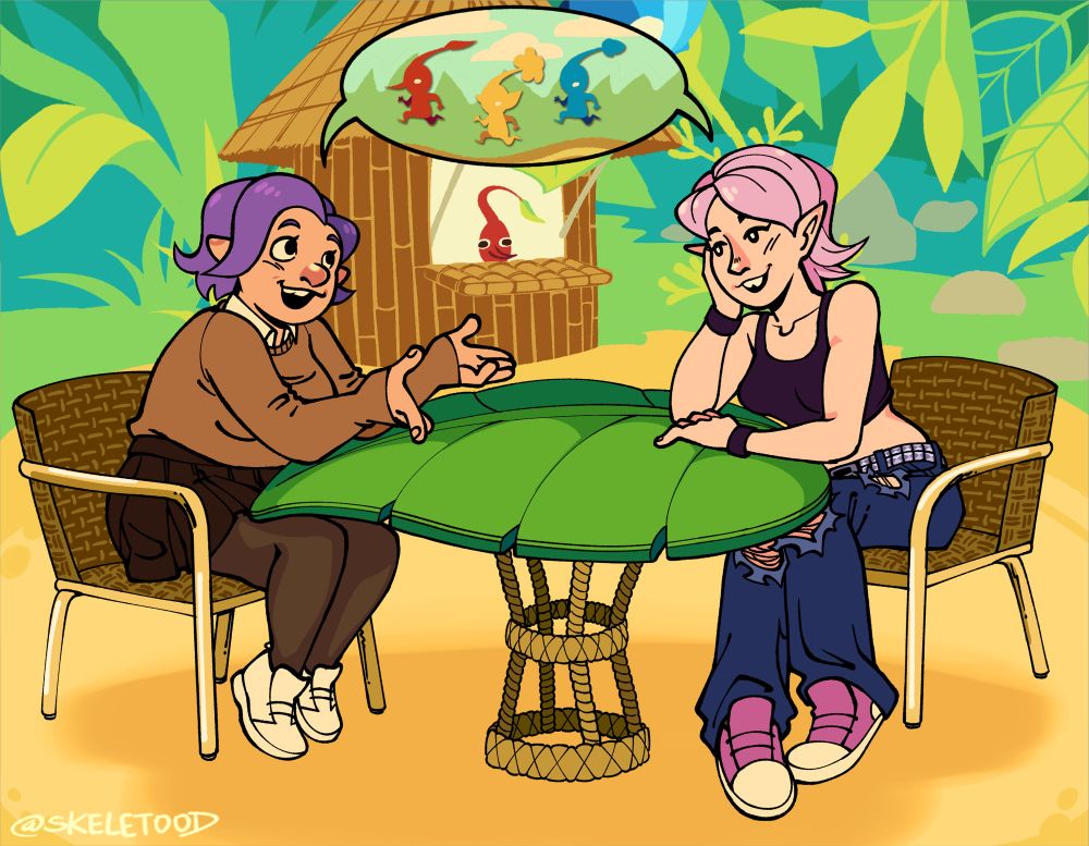my commissioned piece from my good friend skeletood of poppy and mimmy chatting outside about pikmin, while there is a single red pikmin tending to a bar in the background 