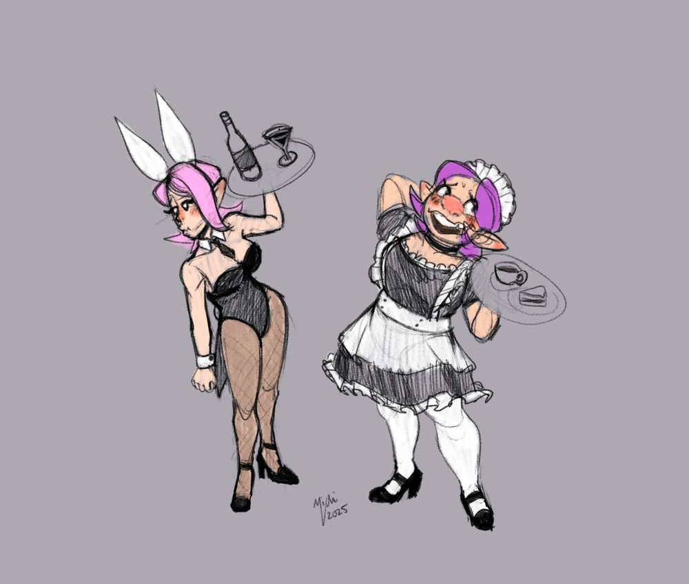 Mimmy wearing a bunny girl outfit and Poppy wearing a cutesy maid outfit. They're both looking away from each other, flustered.