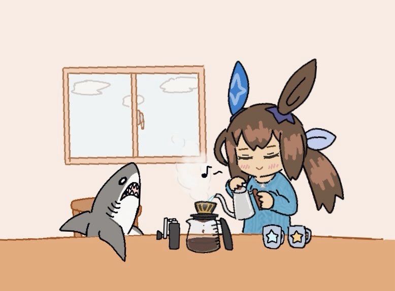 コーヒーを淹れるアヤべさんです。ちょっと贅沢なコーヒー豆が入ったときはコーヒーカップ2人分淹れてて欲しいですね…