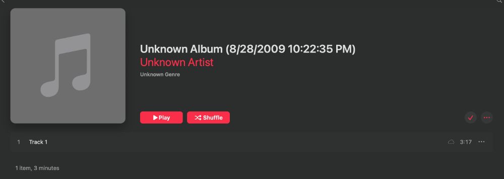 Screen cap of a song in iTunes with no album cover. "Unknown  Album (August 28th 2009, 10:22 and 35 seconds pm)" "Unknown Artist" "Unknown Genre" "Track 1" 3 minutes and 17 seconds long