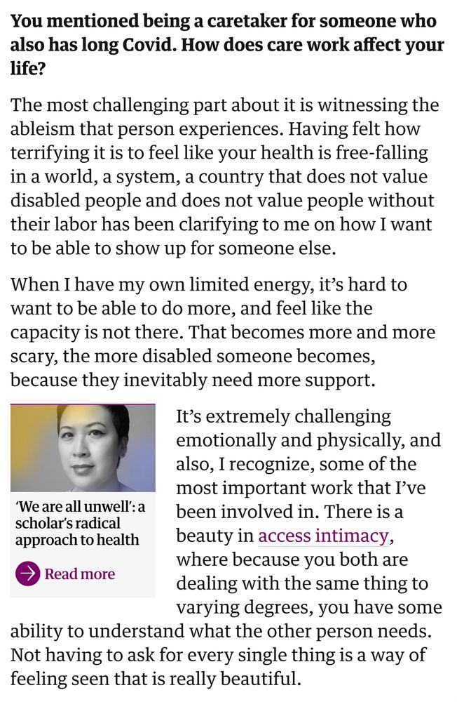 Screenshot from article on long Covid detailing the speaker’s experience as a person with long Covid who is also caretaker for a person with long Covid 