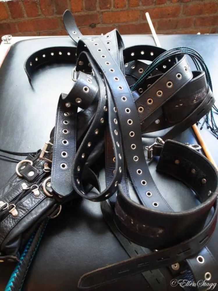 Leather Restraints and Bondage Table, cane, crop, fun!