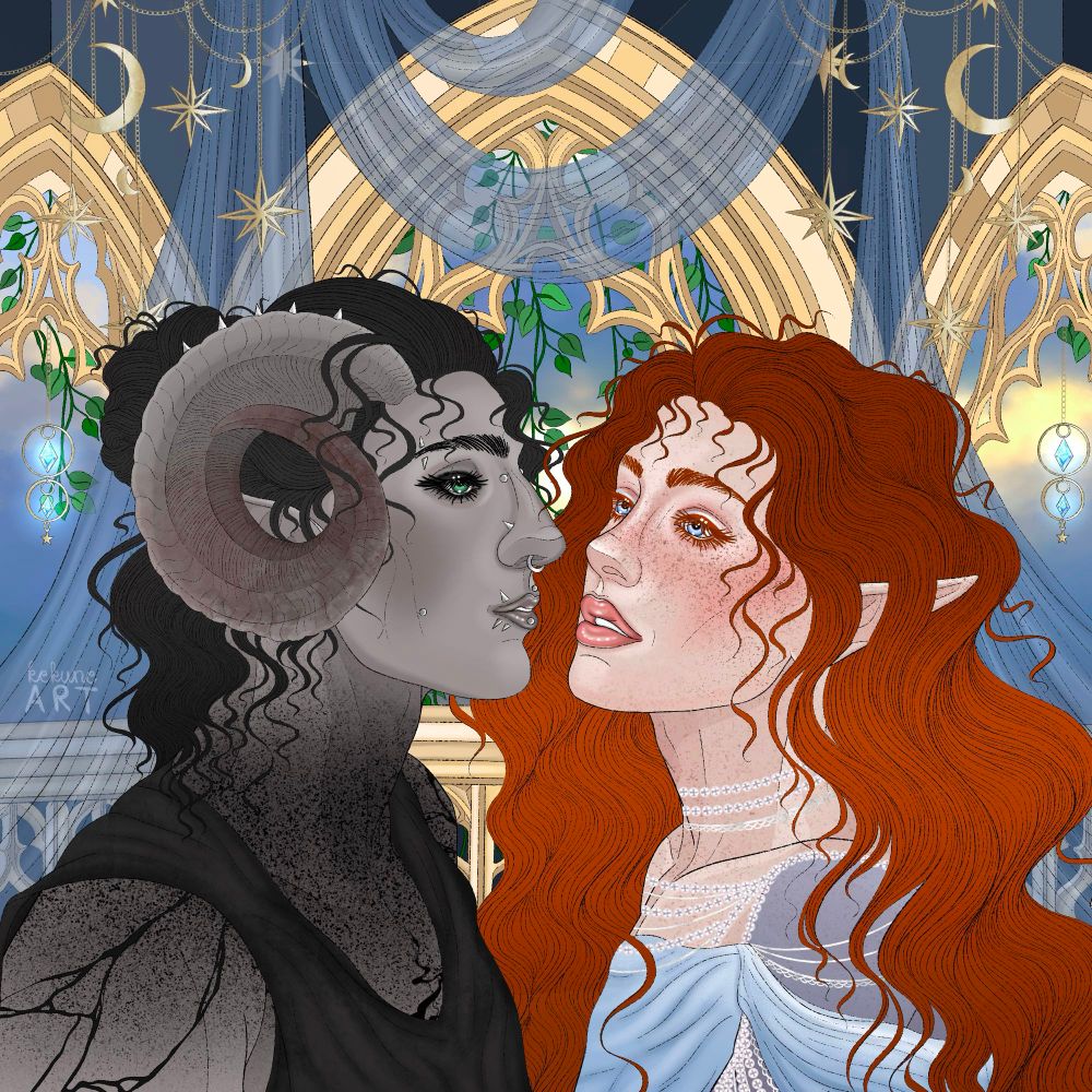 A digital drawing illustration depicting two characters looking at each other.  The first one is a gray skinned male Tiefling with dark hair, green eyes and a variety of piercings and tattoos. He’s got ram horns and his style could generally be described as punk rock. 
The other person is a male Elf with pale skin, blue eyes and lots of freckles. He has long red curls and a luxurious sense of fashion with fabric in blue hues and pearl accessories. 
Both characters are standing in front of an elaborate stone window which is slightly obscured by blue, translucent drapes, lots of golden star and sun catcher decorations and a glimpse of greenery. 