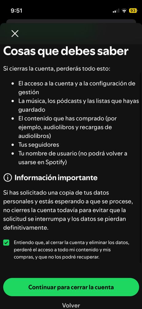Captura de pantalla con el proceso de eliminación de cuenta de Spotify.