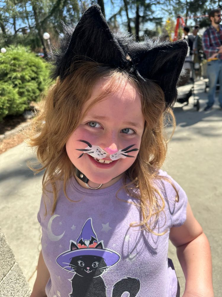 A young smiling girl who is wearing cat ears and has her face painted as a cat