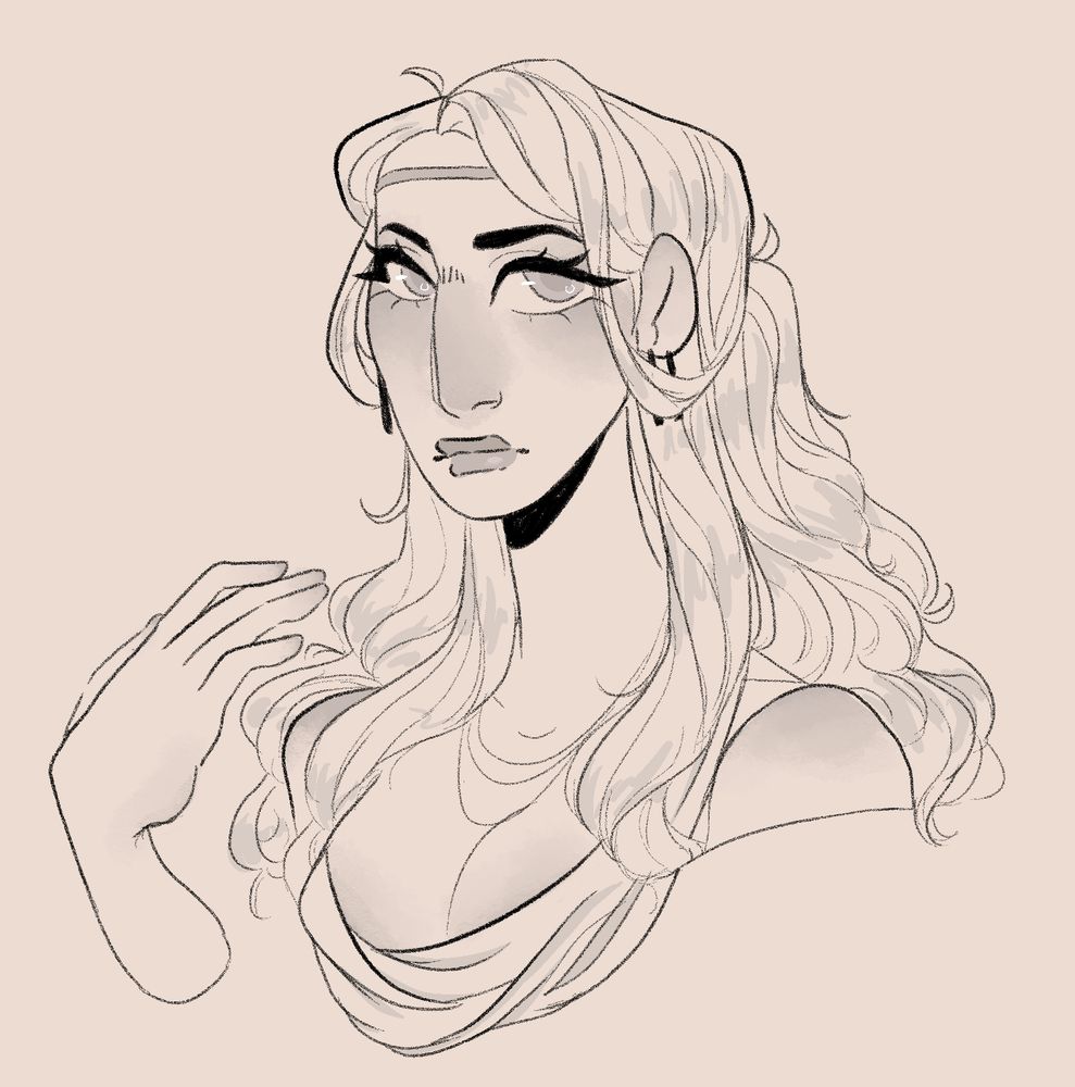 A grayscale bust of a woman with a simple diadem and long flowing hair