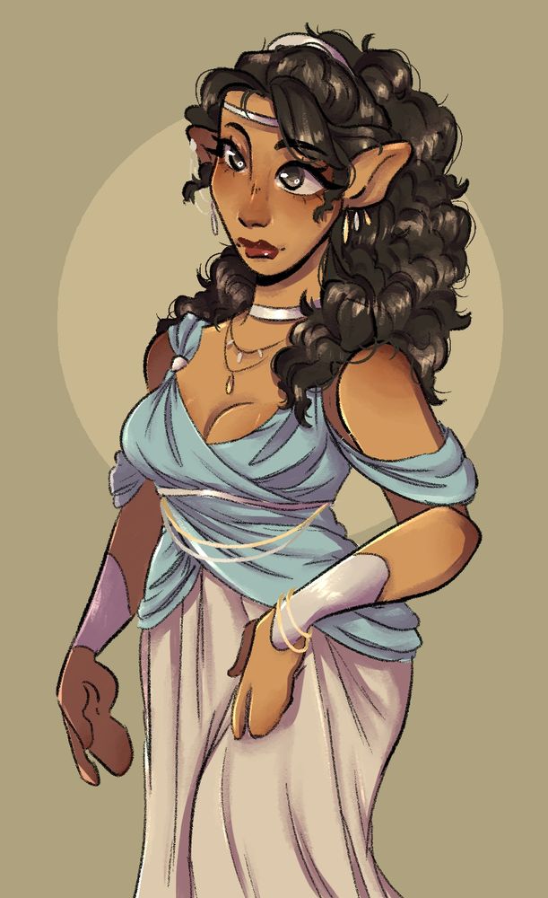 Tan elf women with curly hair, a lot of jewelry and a blue and cream toga style dress