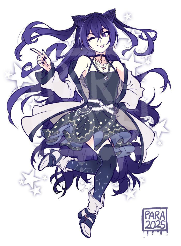 A sketch of FoxWithTacos' VTuber model: a fox girl with dark purple hair, a white jacket, and a dress decorated with stars. She wears moon and star-themed jewellery, and white ankle boots with belts.
