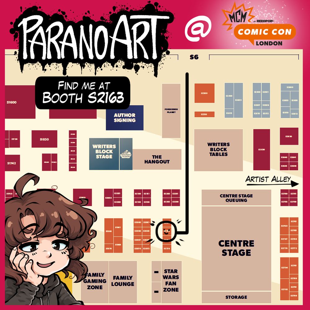 An illustrated map, detailing where I can be found at MCM Comic Con London May 2025.
