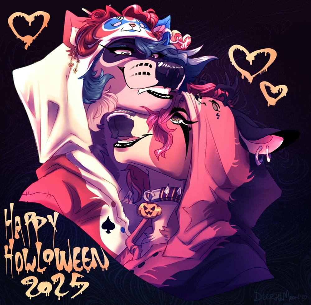 digital illustration- an anthro lesbian couple (moxxie the raccoon [she/her] and ree the deer [he/him]) seen from the bust up as they nuzzle each other. the pair is dressed up in kigurumi onesies that are themed like other fursonas my girlfriend and i have: moxxie is dressed as rokk't poppi the bomb pop raccoon (my girlfriend's sona, she/her) and ree is dressed as razzmatazz the pink and black deer (my guy, he/him). "HAPPY HOWLOWEEN 2025" is written on the piece in an orange drippy font. the background is a deep indigo gradient with a faint swirling design.