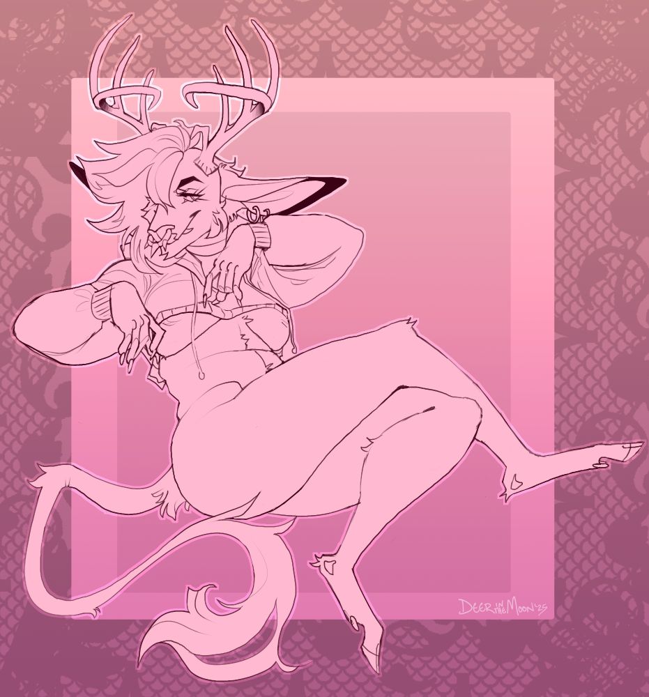 digital illustration - razzmatazz, my deer/kirin fursona seen sitting on a suggestion of a surface with his legs crossed. he's wearing only a cropped hoodie that shows a peek of both of his nipples. the background is a peach pink gradient with lace patterns in the margins