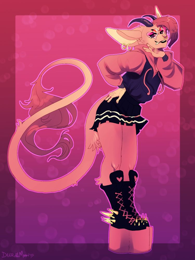 digital illustration - roo, my pink critter fursona, stands tall in his platform boots, posing with his hip out and a hand under his chin, looking very full of himself. when i say "critter" i mean a nondescript animal, he's got a sort of short feline muzzle with a heart nose, long fox ears, sharp teeth, and a long tassel tail. he's wearing a pink and black hoodie, a black and white skirt, and big platform boots with spikes. the background is a pink/purple gradient with a bubble pattern. 
