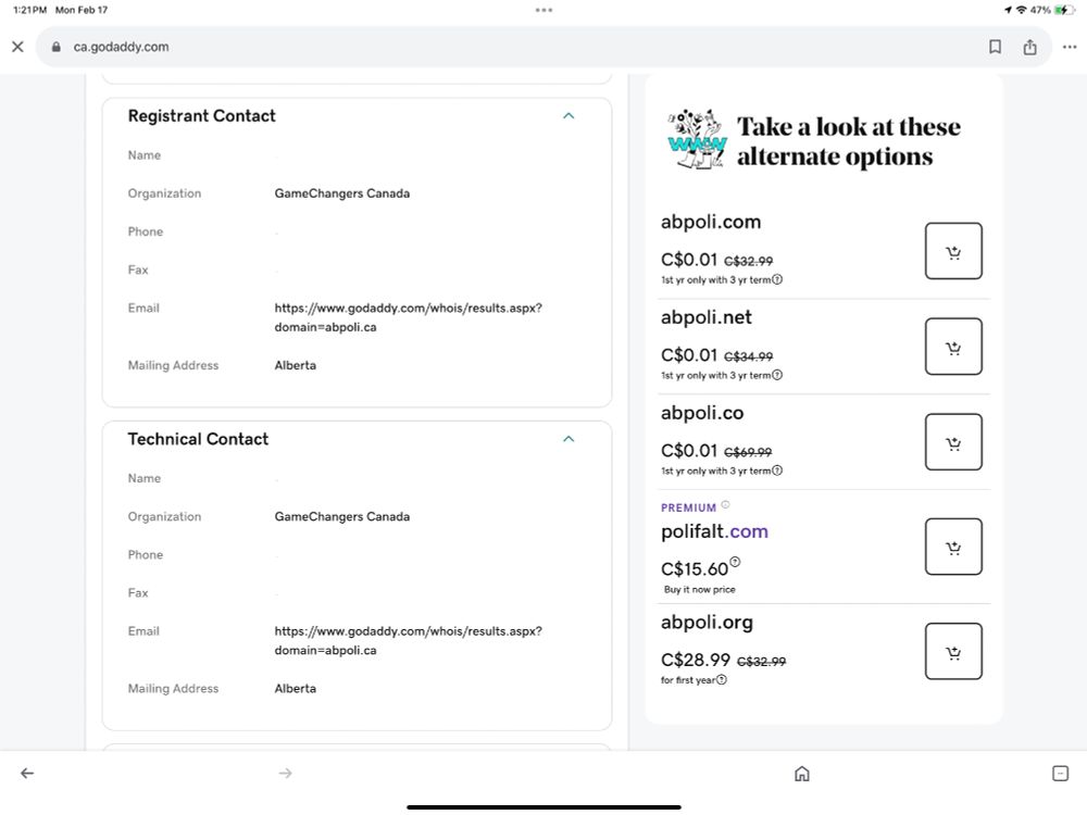 Screen cap of WHOIS  info on a poll.ca