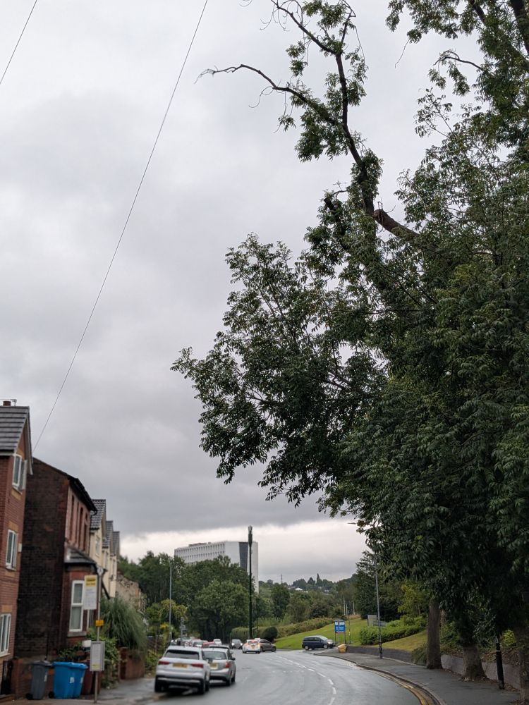 The grey skies above North Manchester General Hospital looking ominous...