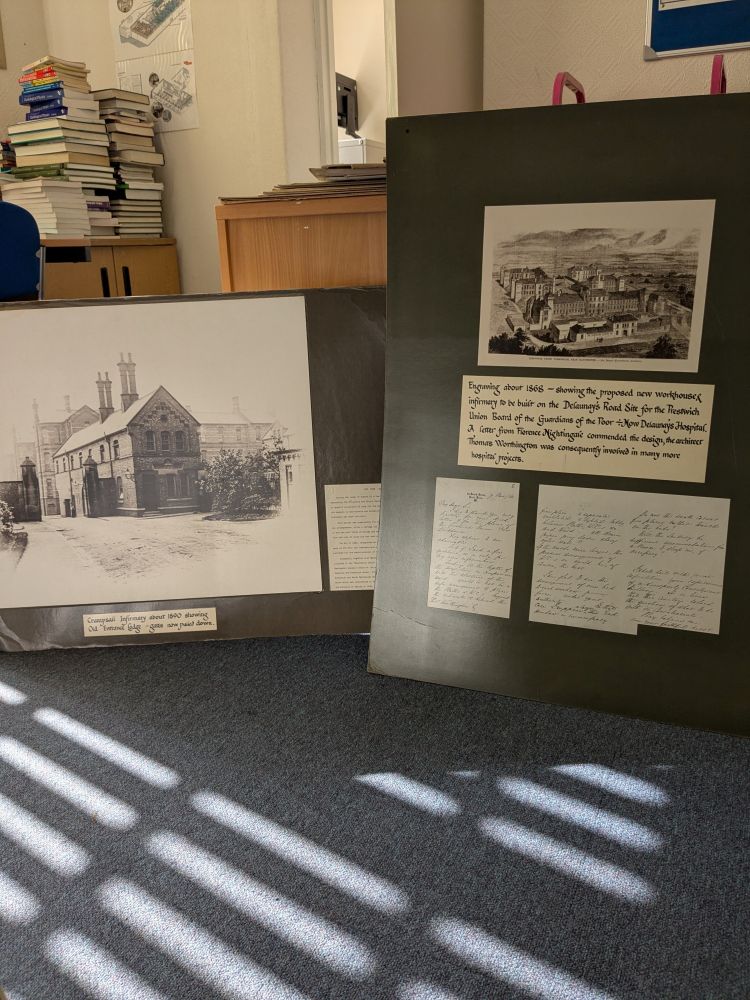 Some boards showing pictures and text relating to the origins of North Manchester General Hospital
