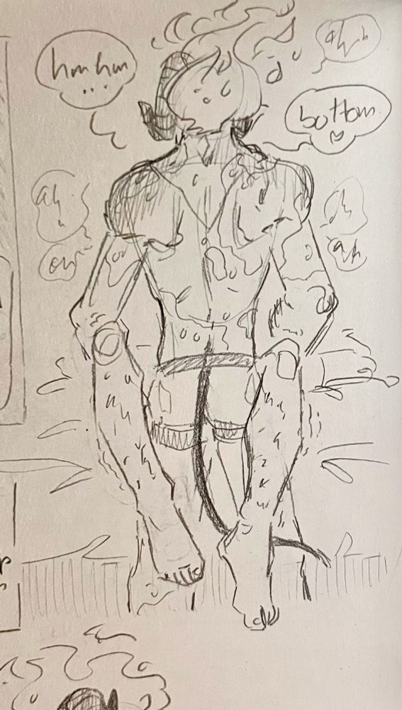 A significantly less chaste and less docile pencil sketch of Talis from behind, Ev's legs around his waist as he stands at the edge of a bed and fucks them. He calls them a bottom as he's surrounded by Ev's moans. he is visibly wearing a strap-on.