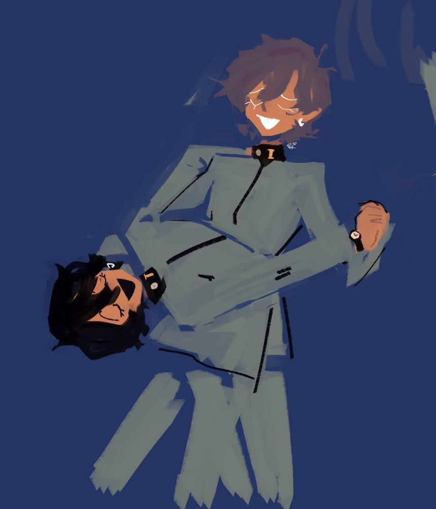 very messy digital sketch drawing of Naoya toudou from persona 1 with his other self dancing hand-in-hand very contorted. 