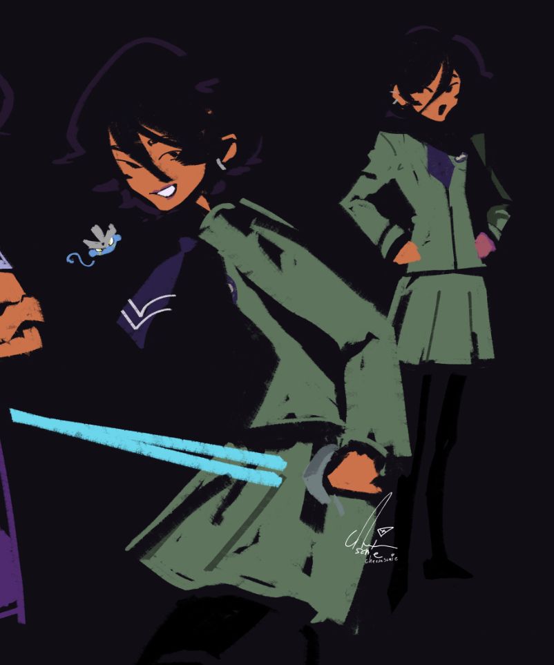 Digital sketch drawings in colour of Naoya Toudou from persona 1 in a mash-up of both St. Hermelin's uniform styles; with the top of the male uniform and the tie and skirt of the other. 