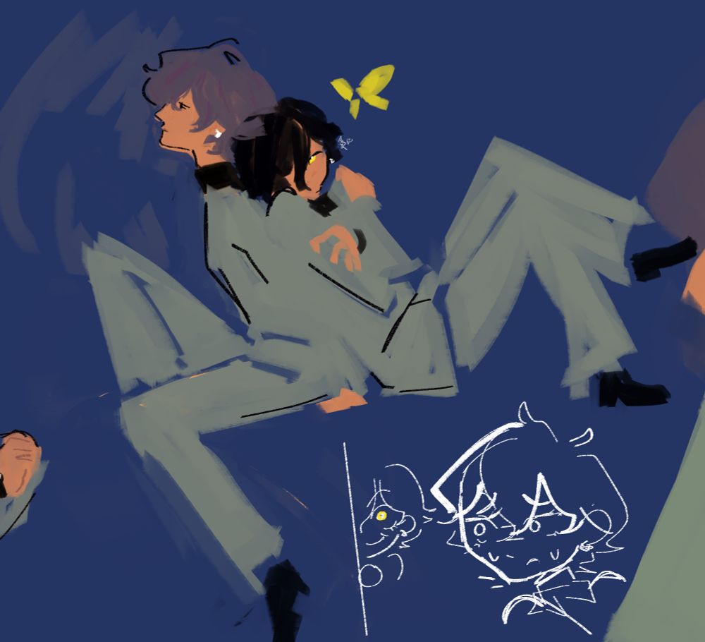 Another messy sketch of naoya toudou and his other self, now leaning back to back