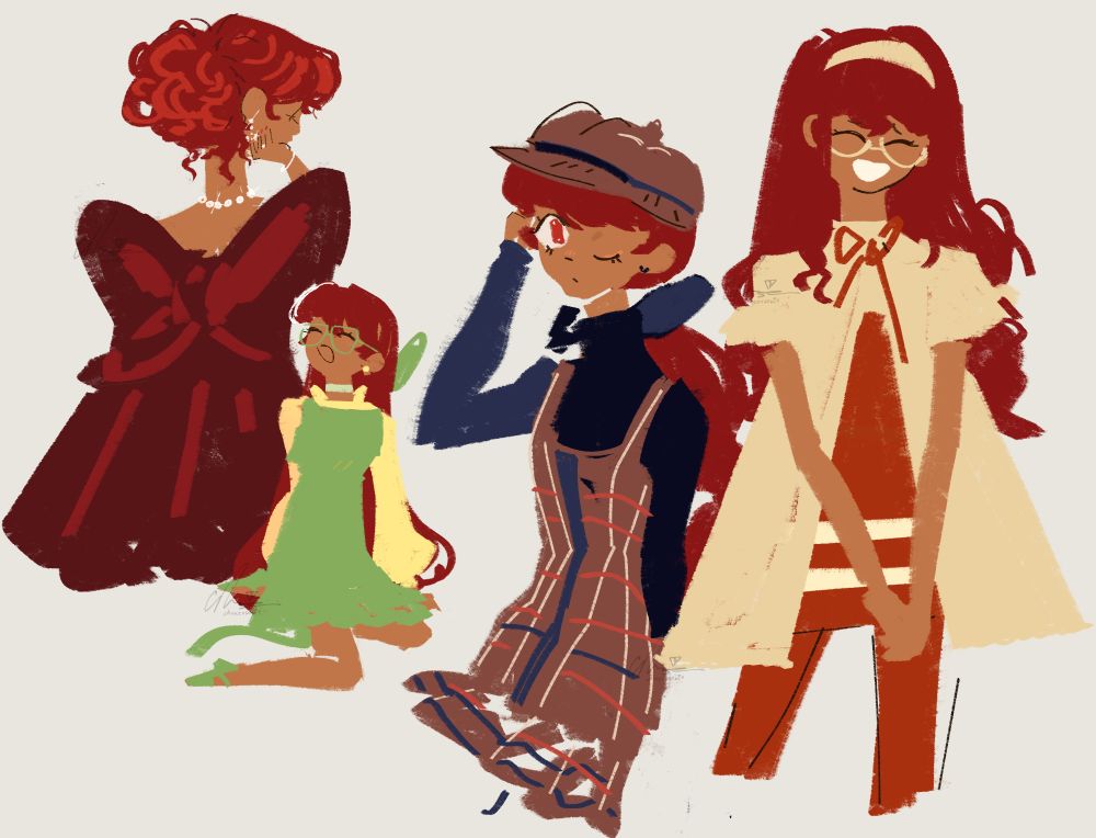 Messy digital sketch drawings of sumire yoshizawa from persona 5 royal in various outfits. Most notably a a red dress with a giant bow in the back.