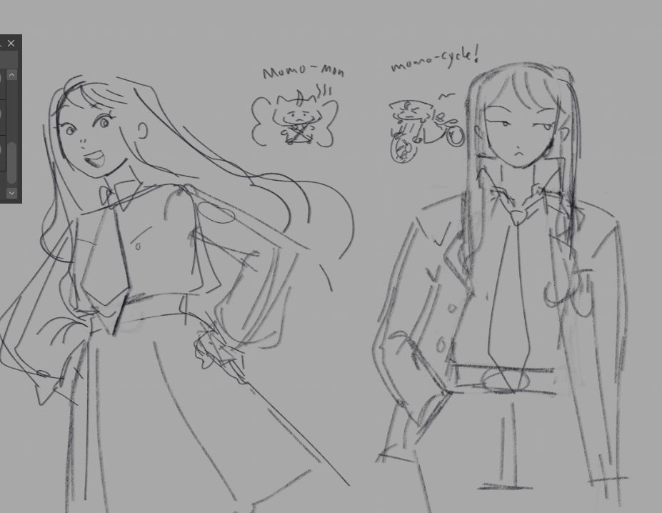 Very messy sketches of nikki in both the st hermelin and seven sisters uniforms. and a tiny momo-mon(butterfly momo) and momo-cycle (motorcycle momo) between the two. 
