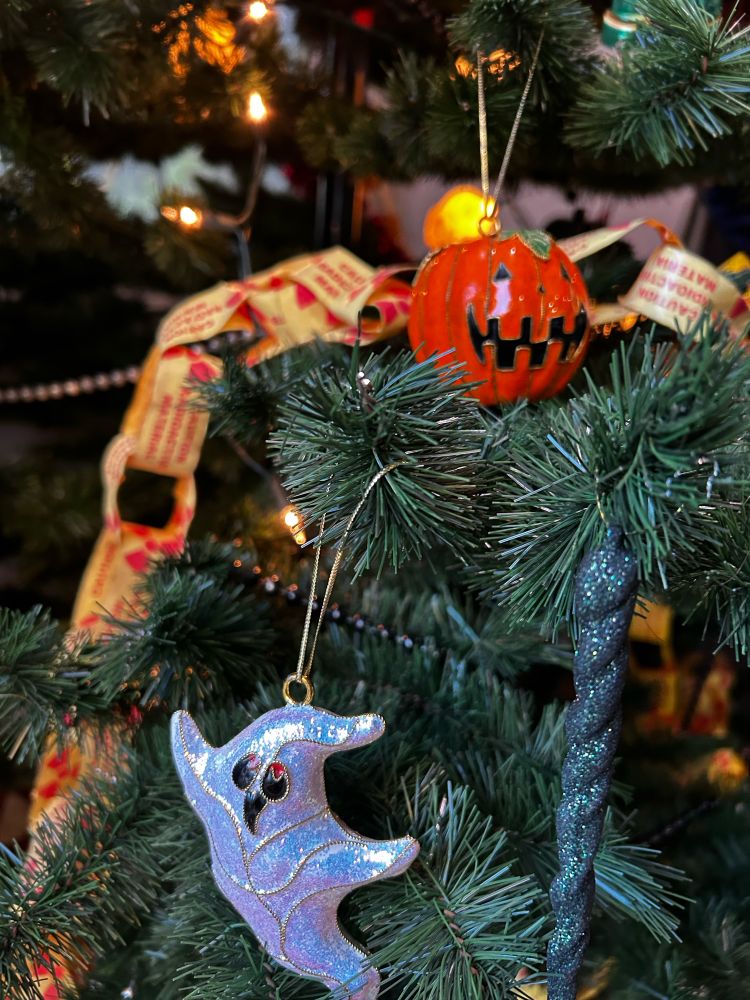 Close-up of appropriately festive holiday tree decorations