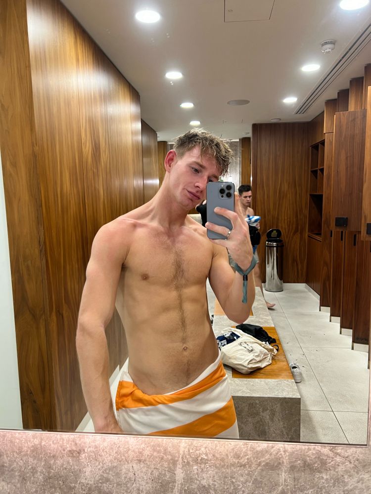 Swimming, orange and white towel, sauna, changing room