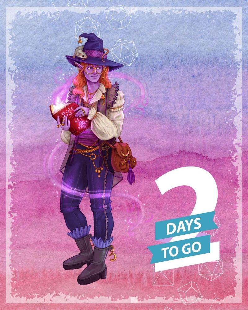 An illustration of Eugene, a lilac skinned elf with red hair. He is wearing a broad brimmed hat, waistcoat, shirt and trousers.  Pocket his pet rat is sitting on the brim of his hat. 

Behind him is text that reads "2 days to go"