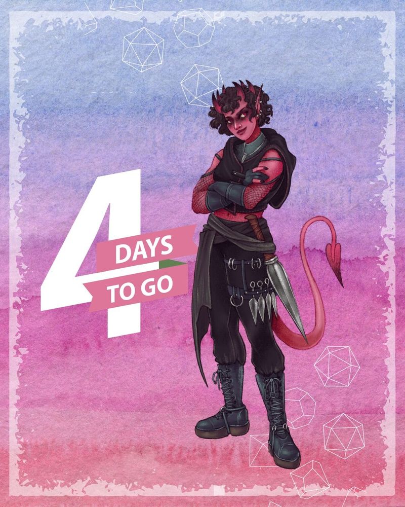 An illustration of Skia, a pink skinned Tiefling with a crown of horns and dark hair.  She stands in front of a text that reads "4 Days to go"