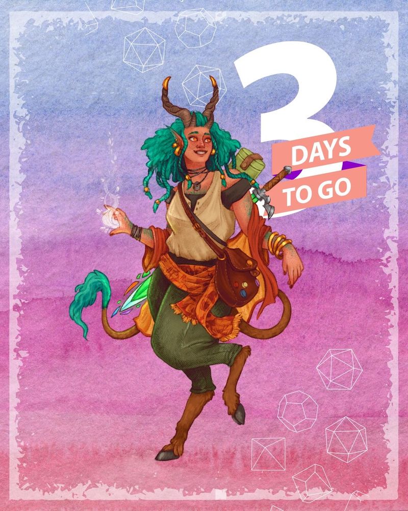 An illustration of Aisling, the teal haired, orange furred satyr warlock/sorcerer from Some Other Heroes. 

Behind her text reads "3 Days to go"