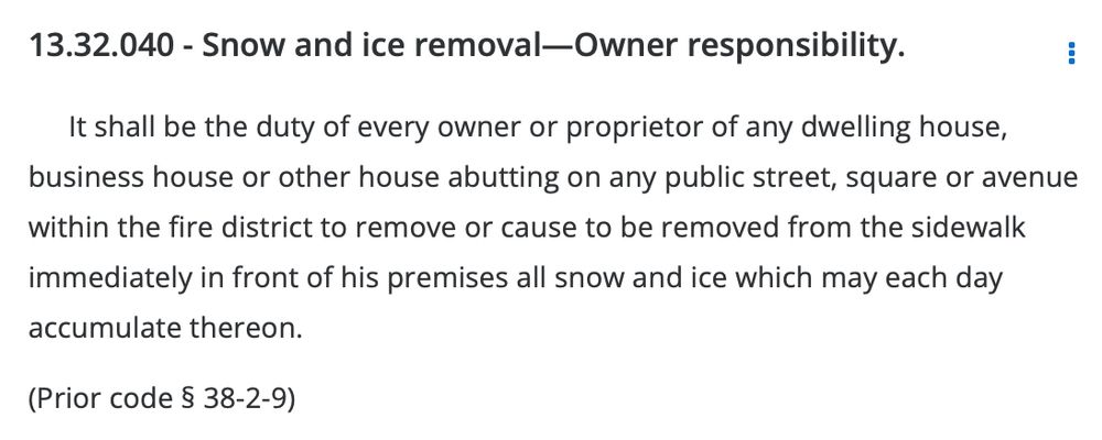 The Metro Code of Law requires property owners to participate in snow removal on sidewalks in front of their properties.