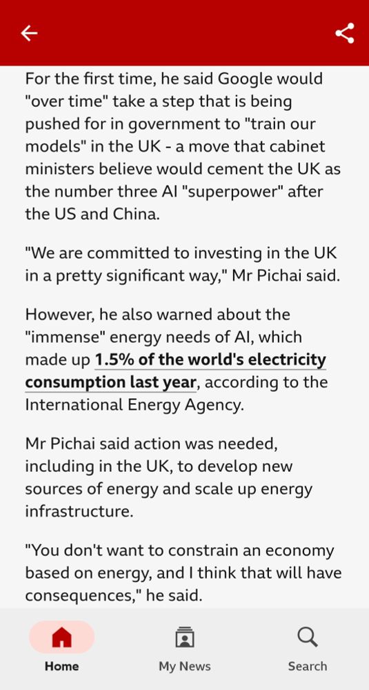 For the first time, he said Google would "over time" take a step that is being pushed for in government to "train our models" in the UK - a move that cabinet ministers believe would cement the UK as the number three AI "superpower" after the US and China.

"We are committed to investing in the UK in a pretty significant way," Mr Pichai said.

However, he also warned about the "immense" energy needs of AI, which made up 1.5% of the world's electricity consumption last year, external, according to the International Energy Agency.

Mr Pichai said action was needed, including in the UK, to develop new sources of energy and scale up energy infrastructure.

"You don't want to constrain an economy based on energy, and I think that will have consequences," he said.
