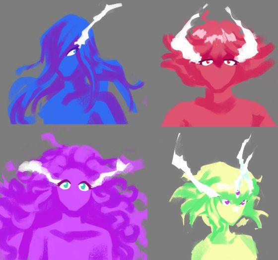 Meis, Gueira, Thyma and Lio as a star-like alien. They have some kind of energy trails coming from their eyes.