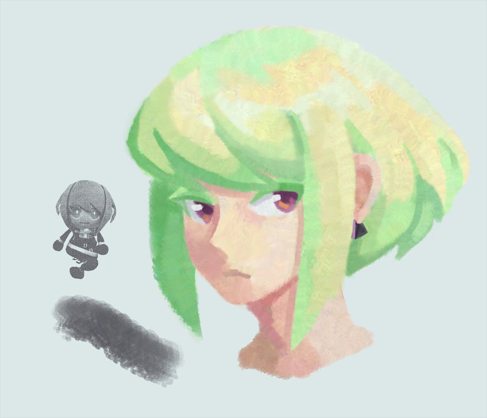 Bust up painting of Lio Fotia, painted with a brush preset made out of a picture of a plushie of himself.