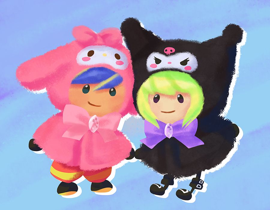 Digital art of Galo Thymos and Lio Fotia wearing a My Melody hood and a Kuromi hood respectively.