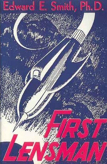Book cover: First Lensman by Edward E. Smith, Ph.D. On the cover, a streamlined spaceship flies through space.