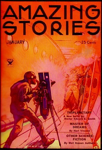 Pulp magazine cover: Amazing Stories, January 1934. On the cover, a man in a space suit fires a tripod-mounted weapon at another space-suited figure in the corridor of a spaceship.