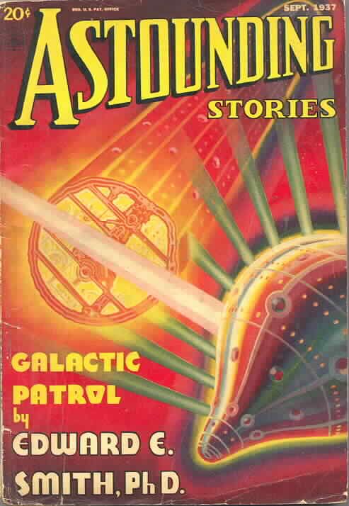 Pulp magazine cover: Astounding Stories, September 1937. A teardrop-shaped streamline moderne spaceship fires rays at another spacecraft, cross-sectioning it.