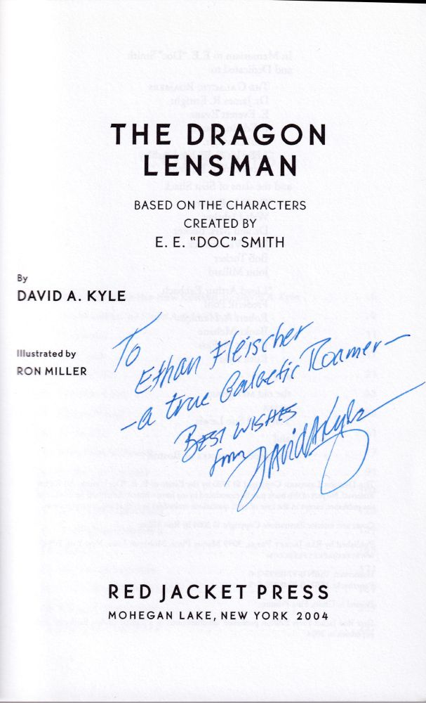 Title page of The Dragon Lensman by David A. Kyle. Written in blue pen is an inscription: "To Ethan Fleischer - a true Galactic Roamer - Best wishes from David A. Kyle"