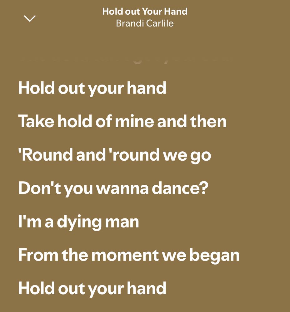 く
Hold out Your Hand
Brandi Carlile
Hold out your hand
Take hold of mine and then
'Round and 'round we go
Don't you wanna dance?
I'm a dying man
From the moment we began
Hold out your hand