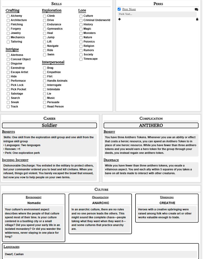 screenshot of a WiP of a character sheet for a draw steel roll20 game