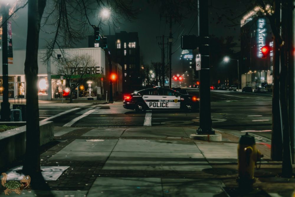 An exquisite high contrast photo of a street corner in Salt lake City, Utah with a police car passing through the intersection. The colors offer a green hue with an extreme amount of texture and clarity almost as if you can feel every difference thing in the photo. 