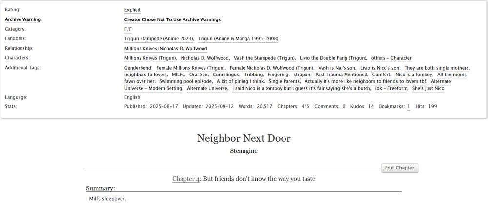 Tag on AO3: 
Genderbend, Female Millions Knives (Trigun), Female Nicholas D. Wolfwood (Trigun), Vash is Nai's son, Livio is Nico's son, They are both single mothers, neighbors to lovers, MILFs, Oral Sex, Cunnilingus, Tribbing, Fingering, strapon, Past Trauma Mentioned, Comfort, Nico is a tomboy, All the moms fawn over her, Swimming pool episode, A bit of pining I think, Single Parents, Actually it's more like neighbors to friends to lovers tbf, Alternate Universe - Modern Setting, Alternate Universe, I said Nico is a tomboy but I guess it's fair saying she's a butch, idk, She's just Nico