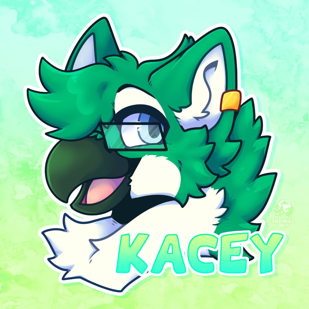 Digital art. A headshot badge of a green griffon character, smiling at the viewer. The name on the bottom right is KACEY