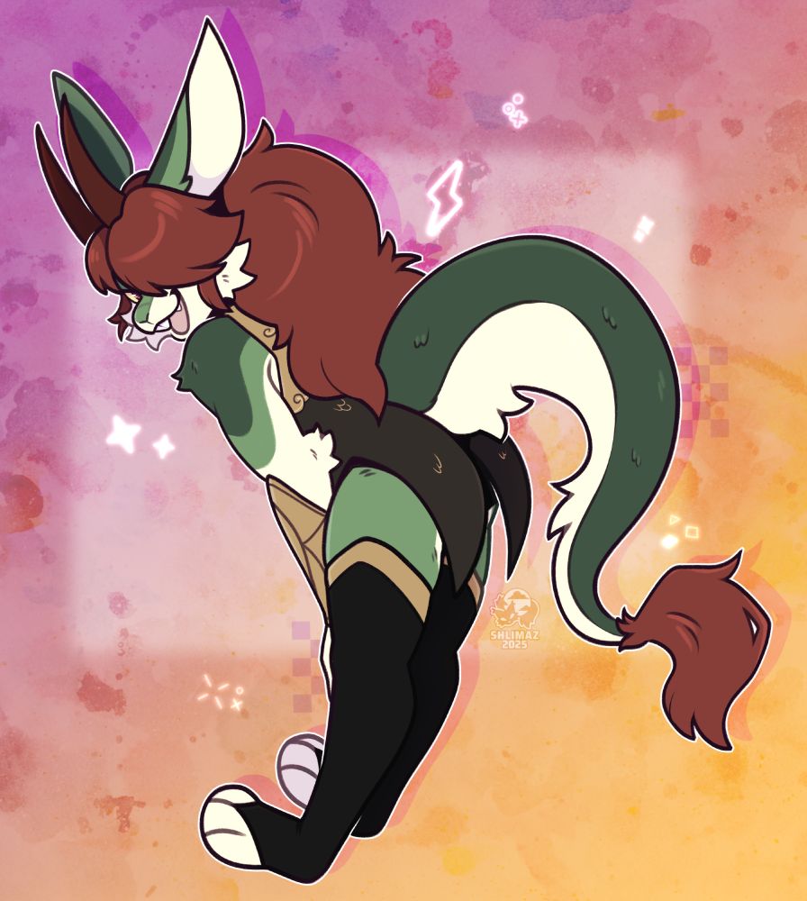Flat color illustration of a dragon rabbit character leaning forward, standing on their heels and hands resting on their knees. The character is looking back at the viewer with an open mouth cocky smile