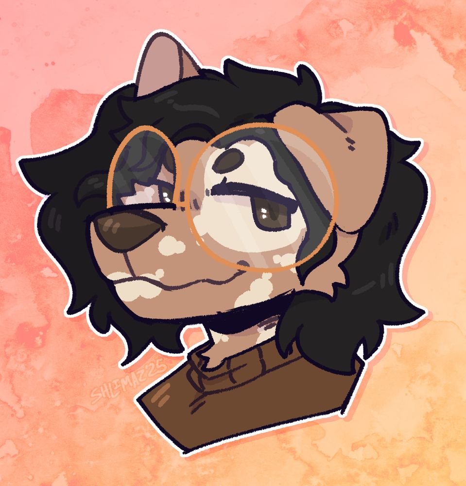 Headshot of a canine character wearing large round glasses, smiling at the viewer