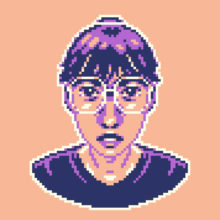 4-color pixel art portrait of a woman, white, early 30s, dark hair up in a bun, wearing large round metal glasses and a dark shirt