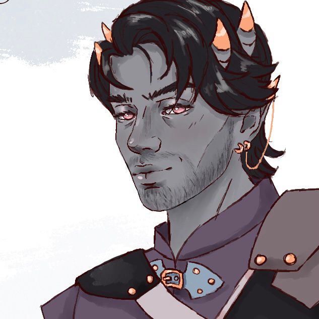 Close up of Chance’s face, showing off a light layer of facial hair, pink eyes, and small double row of horns.
